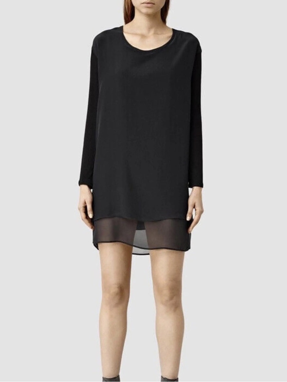 AllSaints black long-sleeve silk tunic features